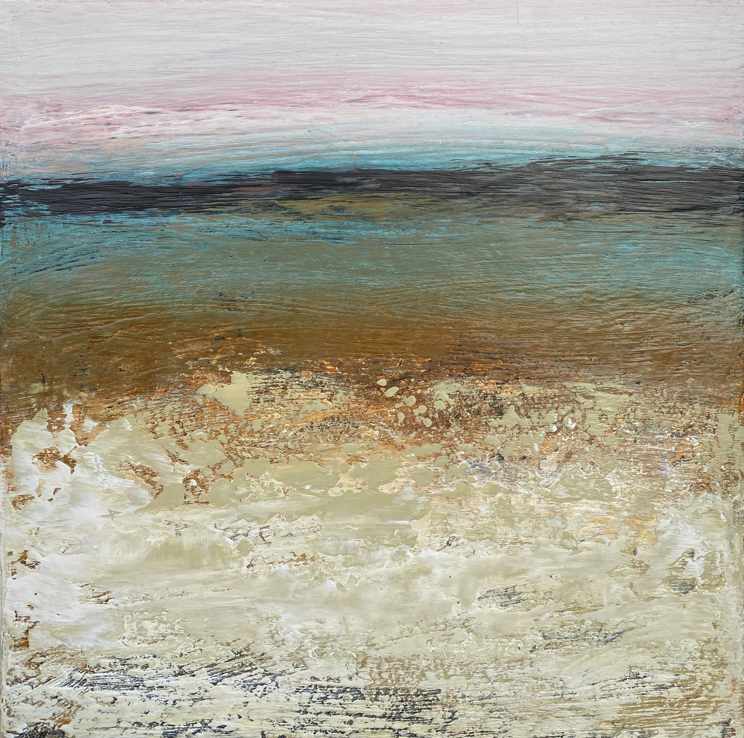 a small square canvas painting about the rocky shoreline in St Ives in Autumn colours