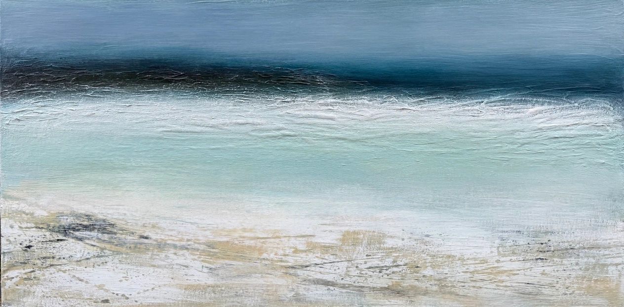 large scale seascape painting with deep blue horizon and misty textures, sand & sea, atmospheric