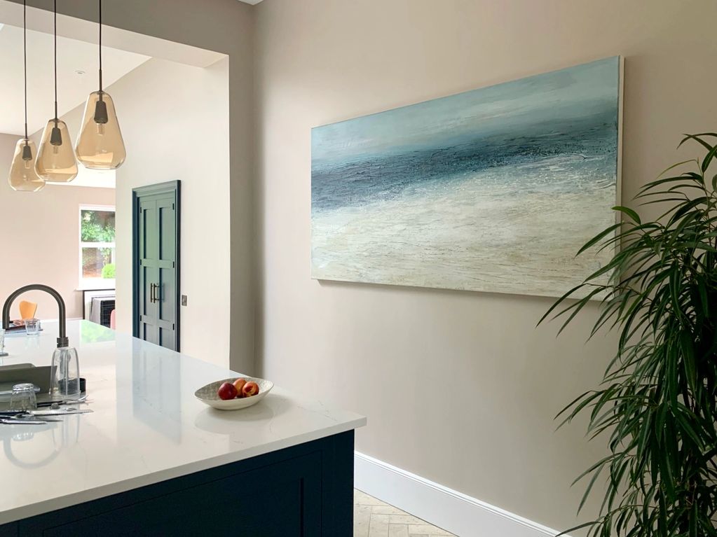 a stunning large painting on canvas about Porthmeor beach and a subtle sunset pink 