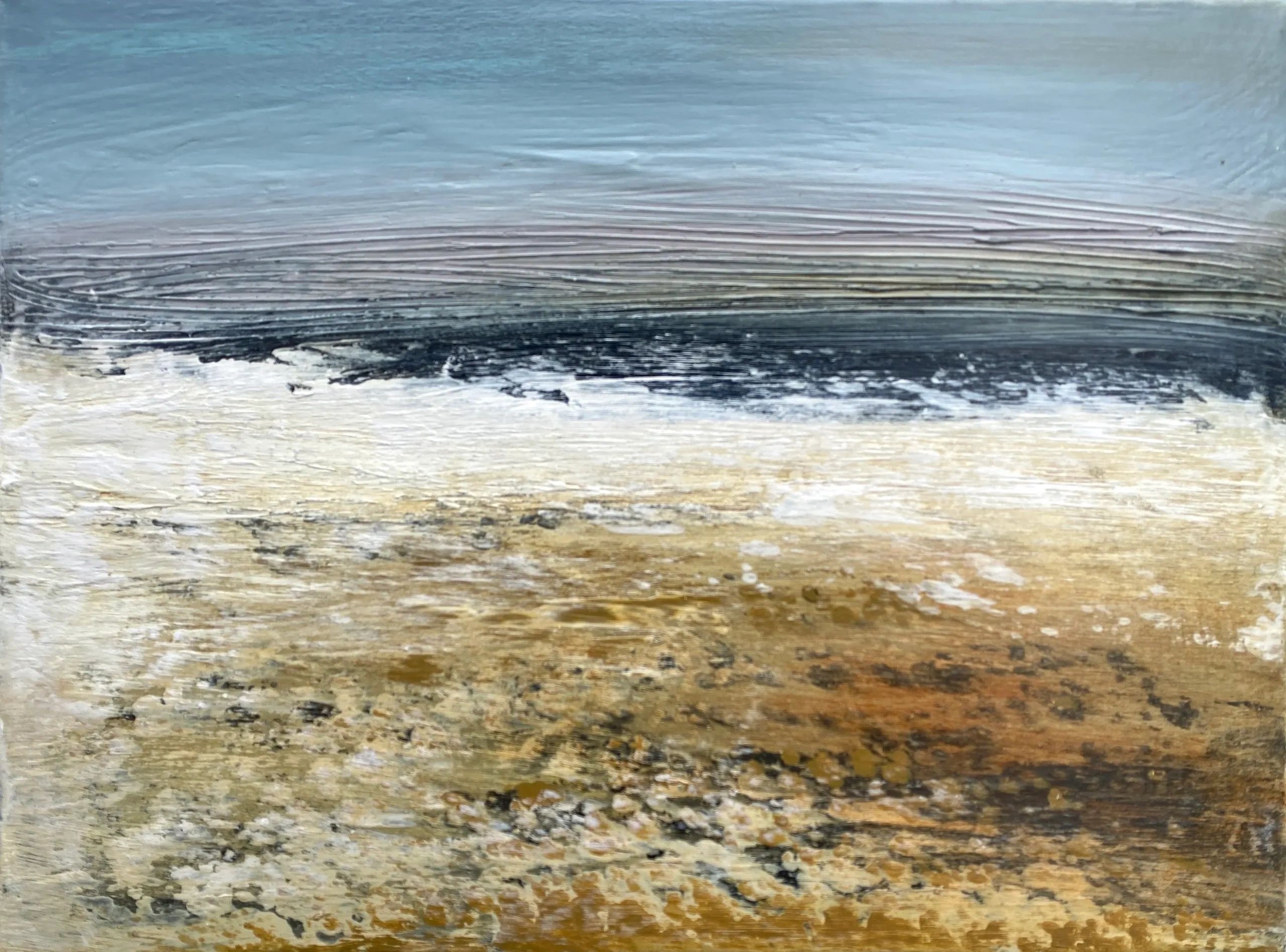 a small painting of the sea and rocky shoreline