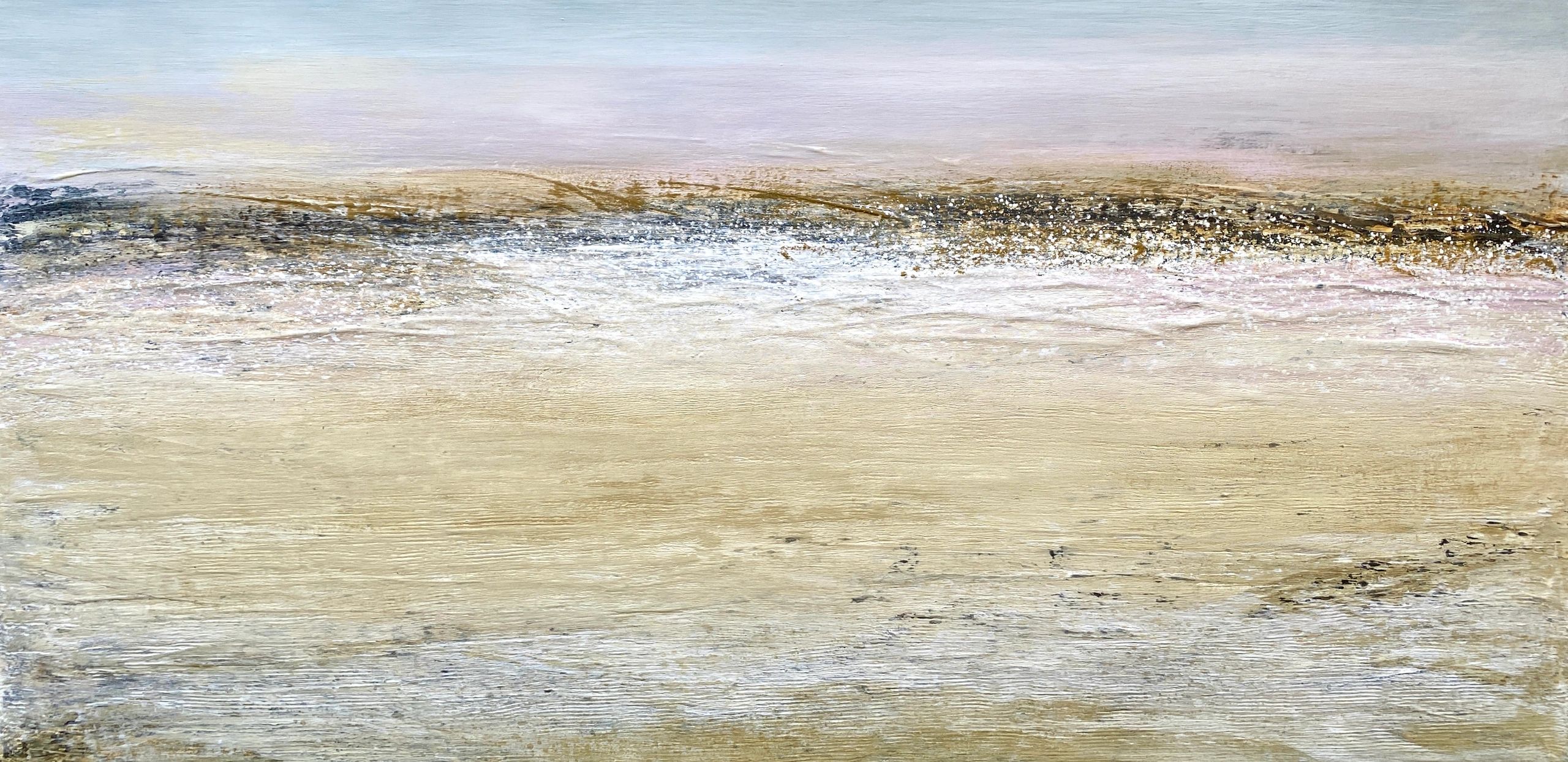 a large scale painting on canvas with textures and sunset colours of the coast 