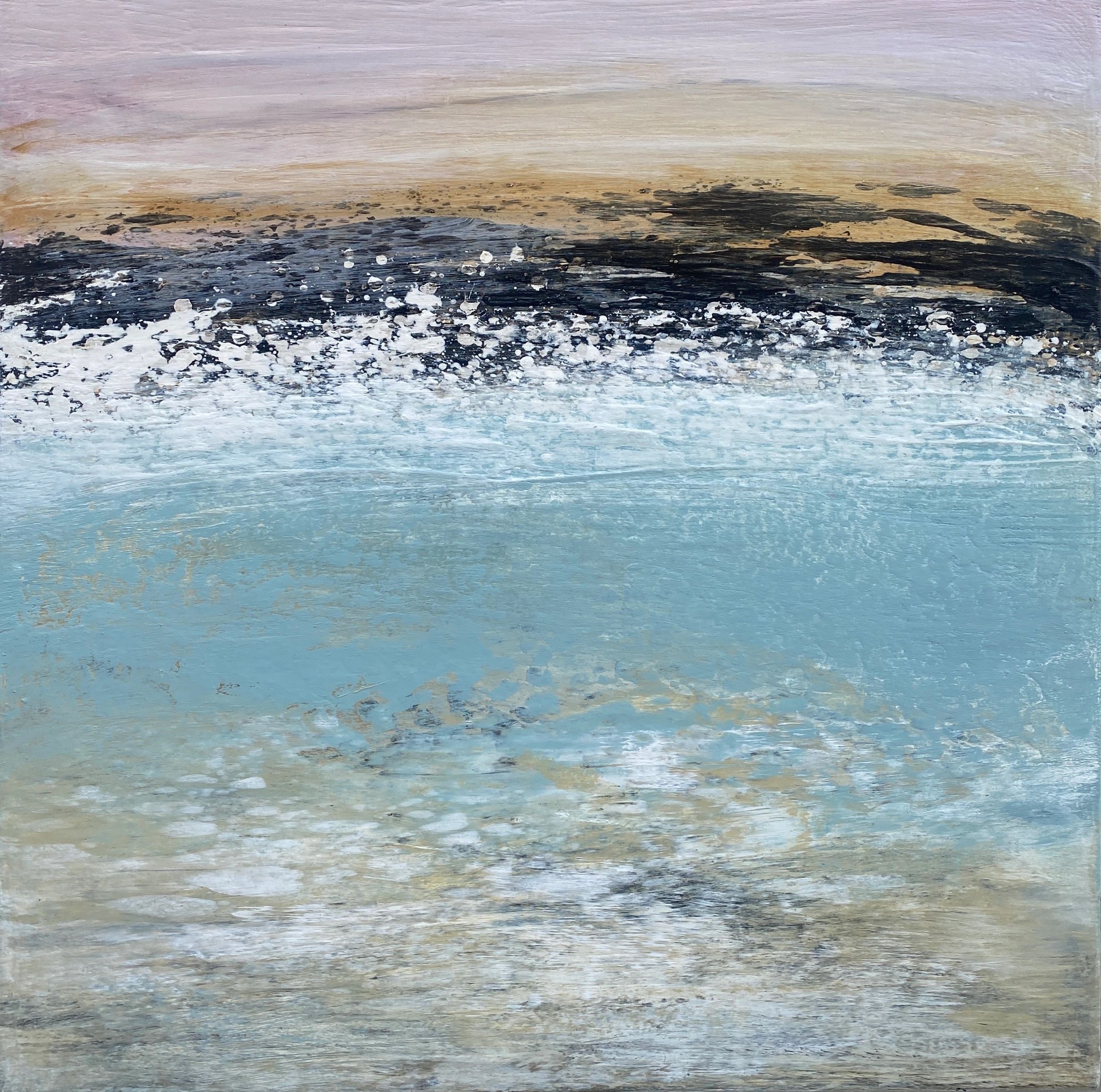 a painting of the rocky shoreline with seaspray and sunset 