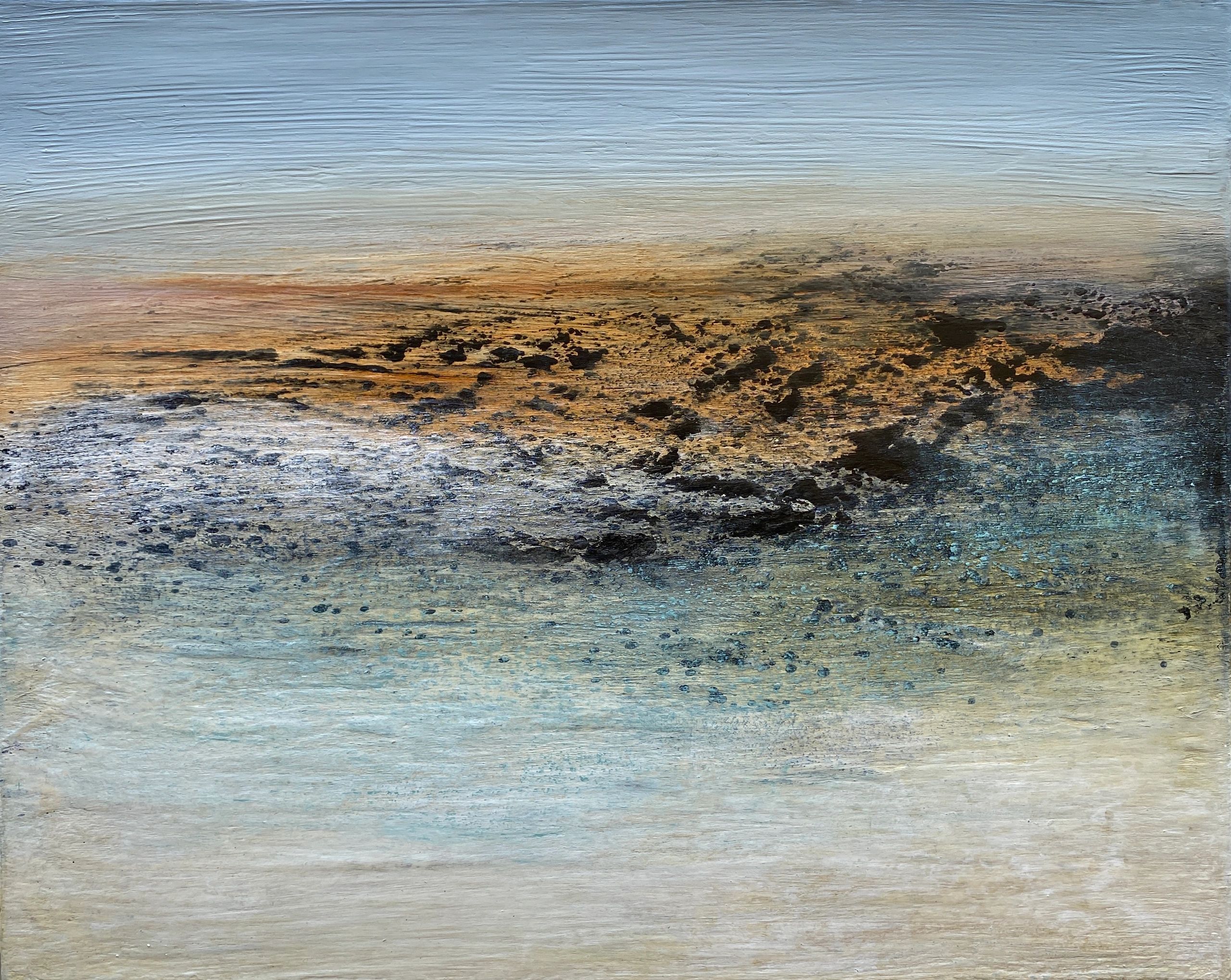 evocative painting of the shoreline, sea, sky and rocks