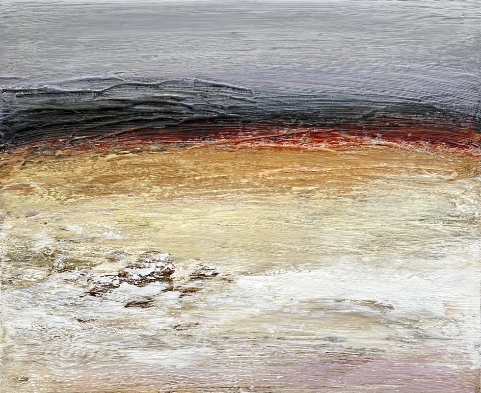 small ochre painting about the rocky shore Autumn colours