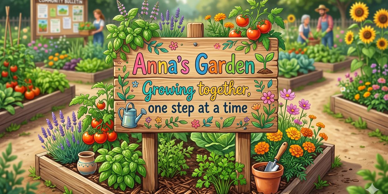 Colorful garden sign with flowers and vegetables in raised beds.
