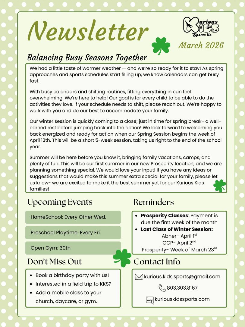 March 2026 Kurious Kids newsletter with events, reminders, and contact info.