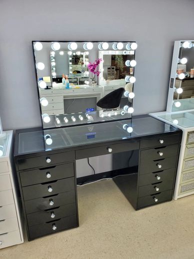 Impressions Vanity Desk with Mirror and Lights, Makeup Desk Slaystation PRO  2.0 with Clear Tempered Glass Top and 3 Drawers, Bedroom Makeup Vanity