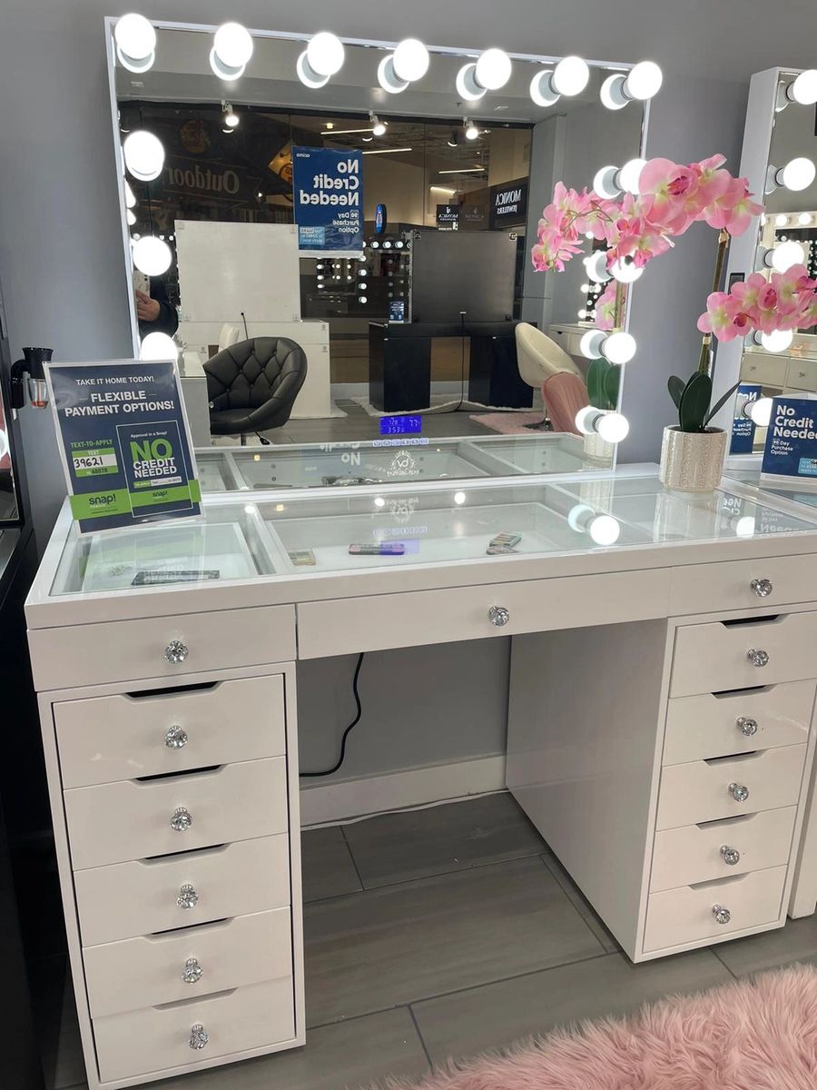 13-Drawer Vanity with Large Bluetooth Mirror - PINK/PINK PEONY