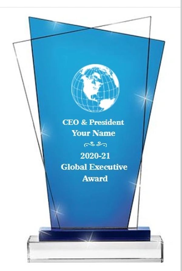 Blue glass corporate award with a globe design.