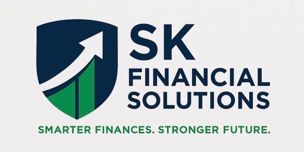 Logo of SK Financial Solutions with growth arrow and tagline.