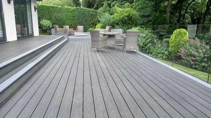 Composite decking with multi-levels and glass balustrade