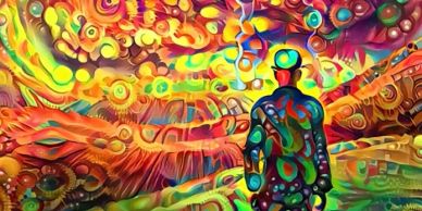 A colorful, abstract figure gazes into a vibrant, swirling landscape of patterns and shapes.