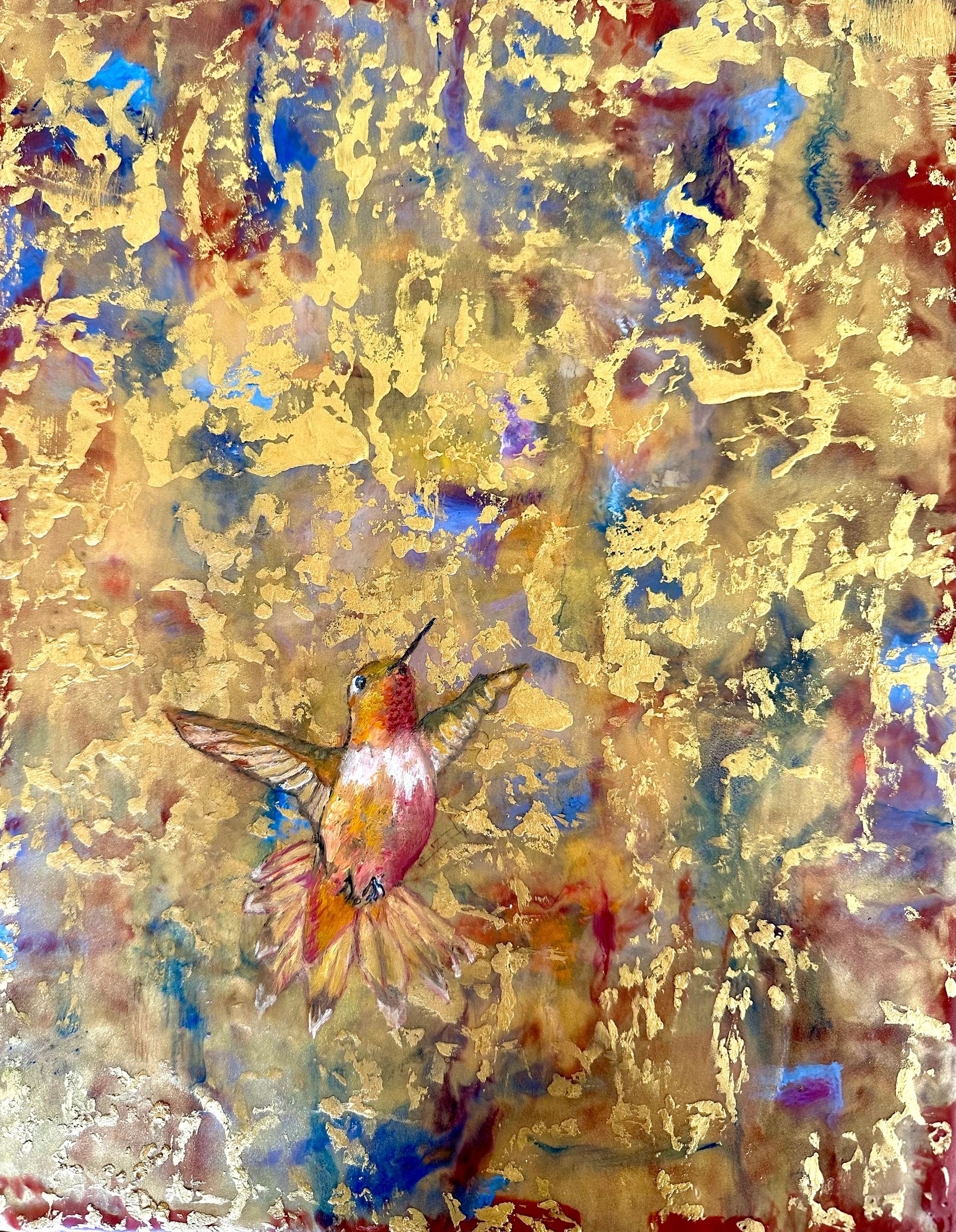 “Flight of the Hummingbird”
Encaustic with gold leafing overlay on cradled birch board.
