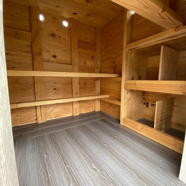 Inside Chicken Coop. Nesting Box with 3 perch’s.