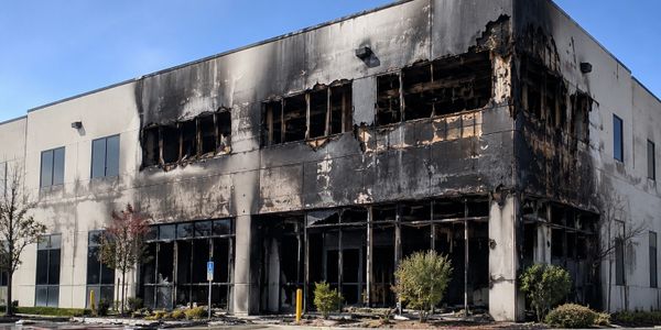 A two-story building severely damaged by fire with blackened walls and exposed structure.
