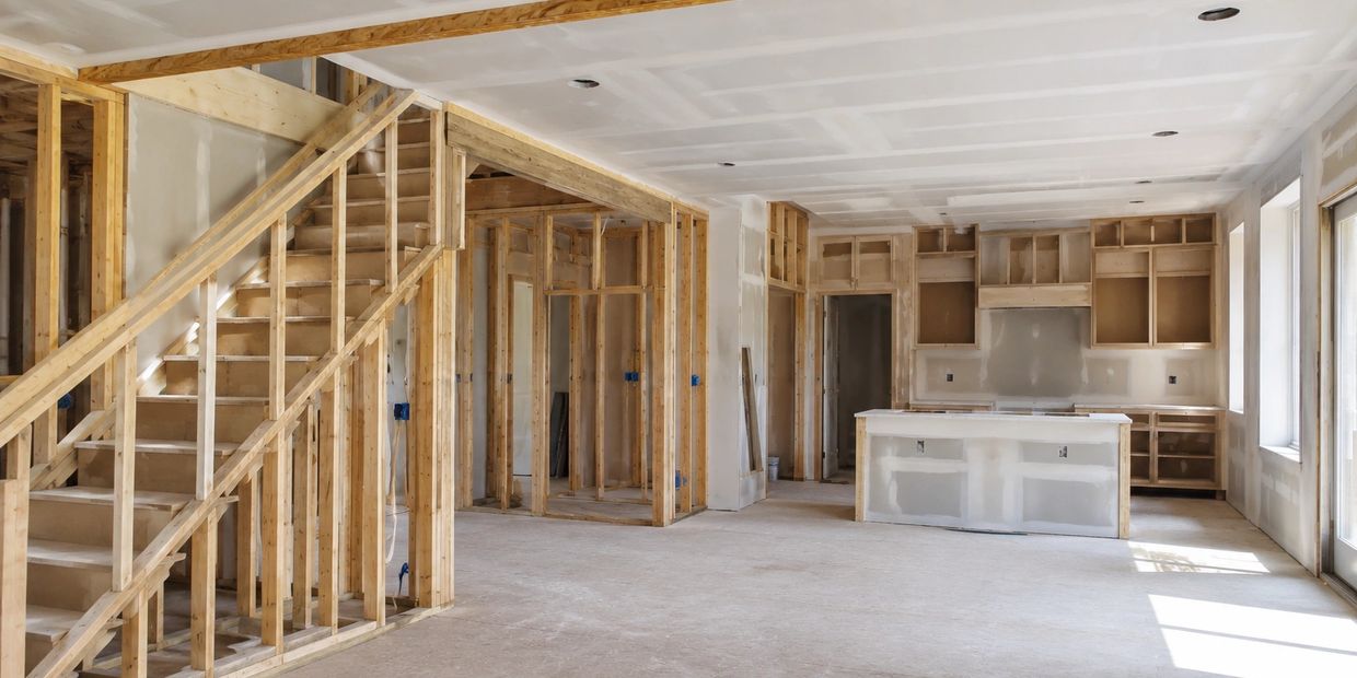 Unfinished interior of a house under construction with wooden framing and drywall.