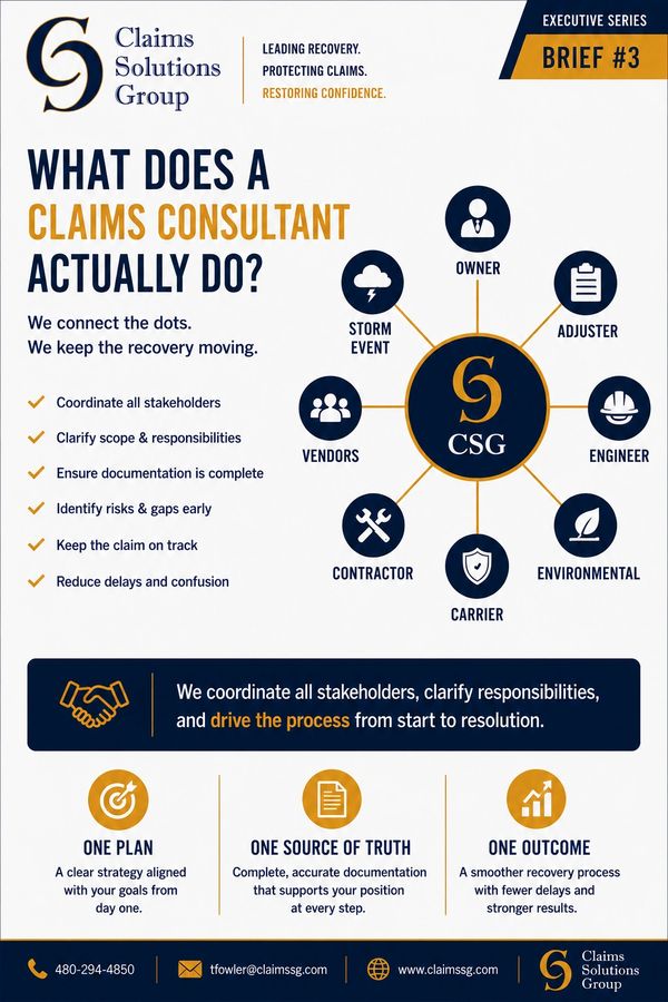 Infographic explaining the role and responsibilities of a claims consultant in coordinating recovery and claims processes.