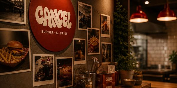 Wall decorated with burger-themed photos and a 'CANCEL BURGER-&amp;-FRIES' sign.