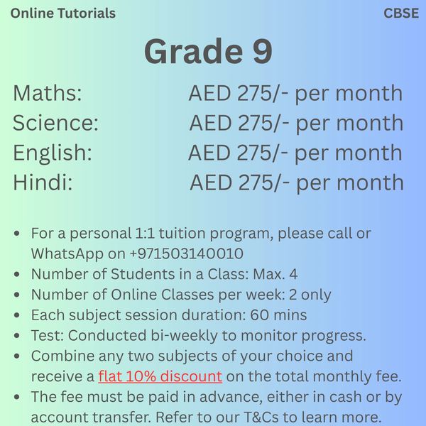 Online CBSE Grade 9 tuition: Maths, Science, English, Hindi at AED 275/month each.