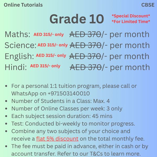 Online CBSE Grade 10 tuition: Maths, Science, English, Hindi at AED 315/month each.