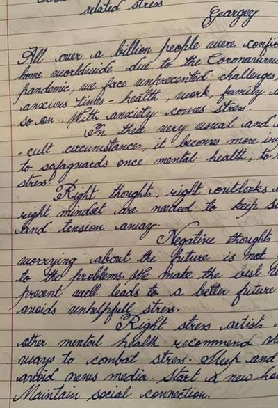 Handwritten notes on stress and mental health challenges during the pandemic.