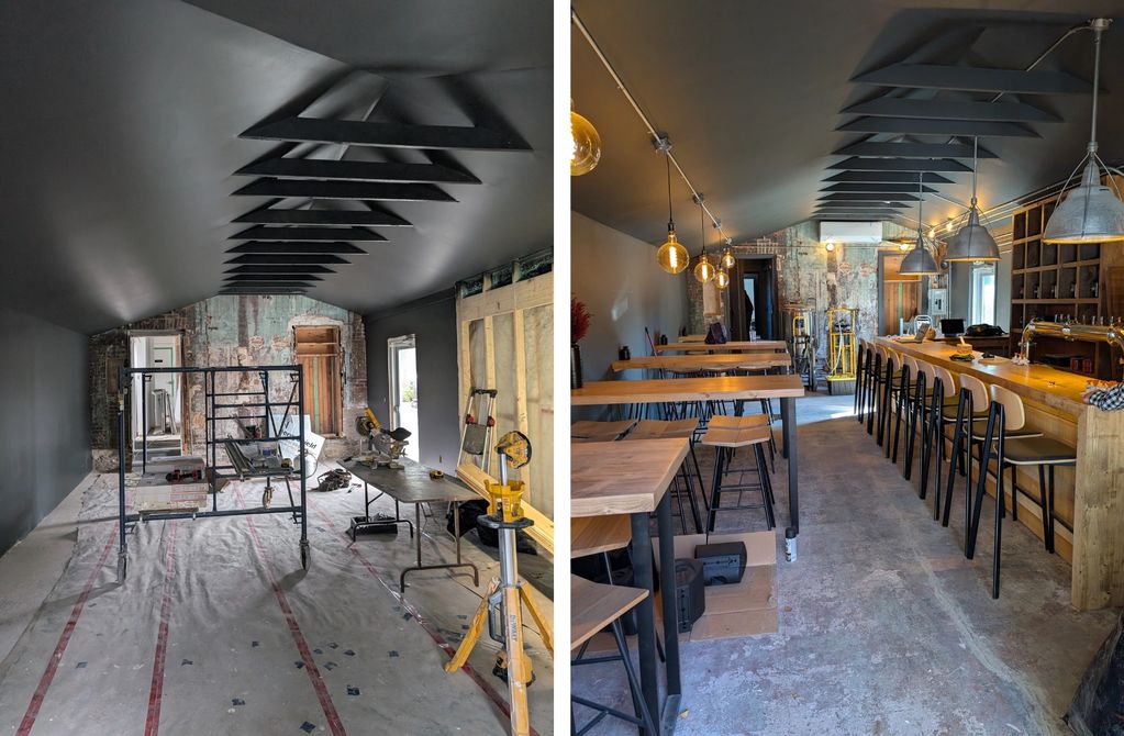 Before and after photos of a renovation transforming an empty room into a cozy bar area.