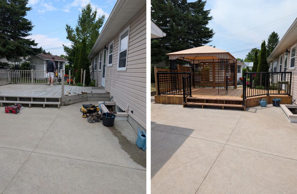 Before and after photos of a backyard deck renovation with new railing and gazebo.