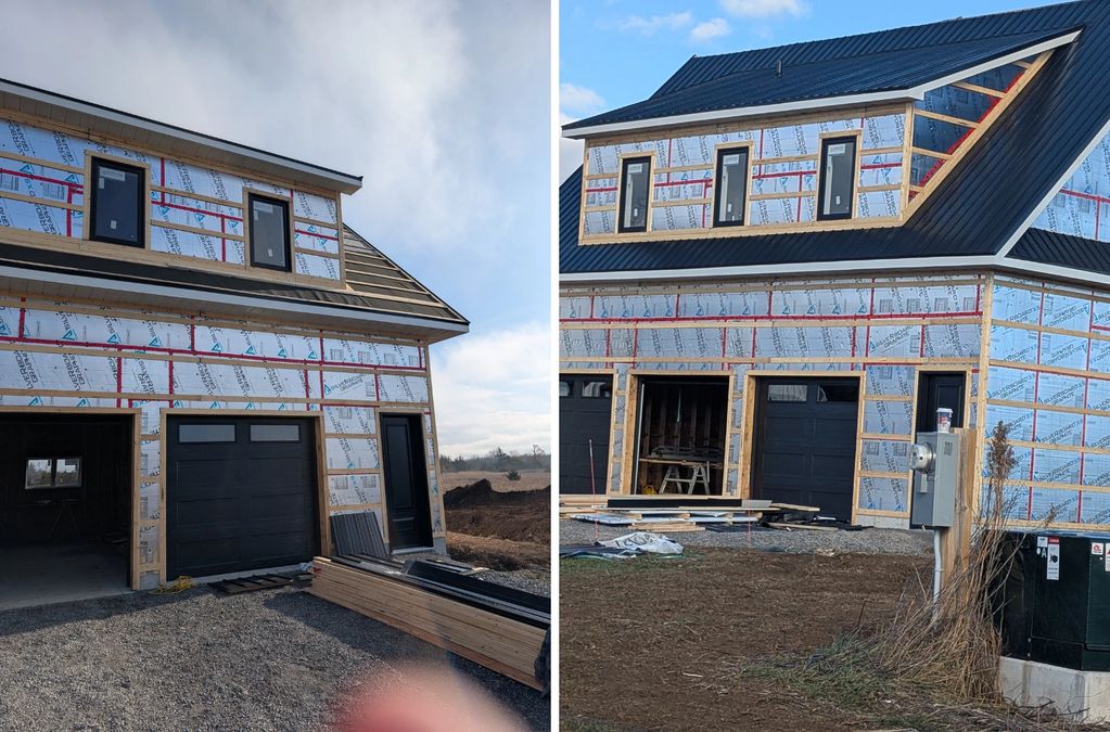 Two views of a house under construction with black windows and garage doors.