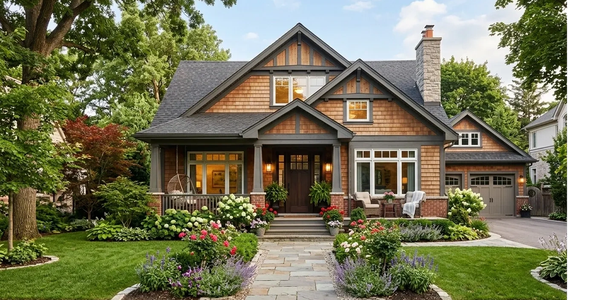 Charming craftsman-style house with lush garden and cozy porch seating.