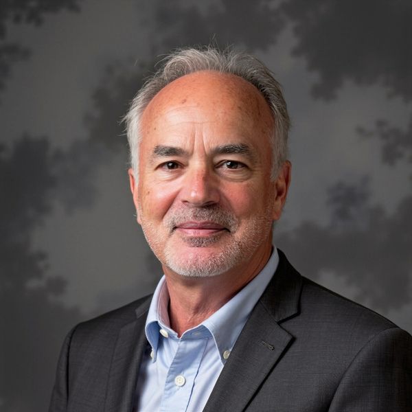 Portrait of a smiling older man in a suit against a gray background.