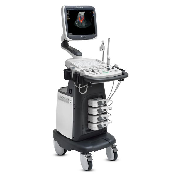 A modern ultrasound machine with a display showing a color Doppler scan image.
