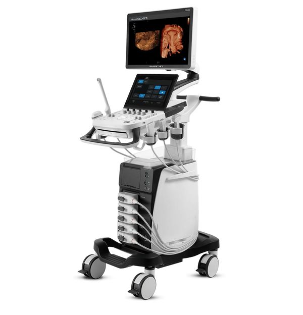 Advanced medical ultrasound machine with 3D imaging display on wheels.