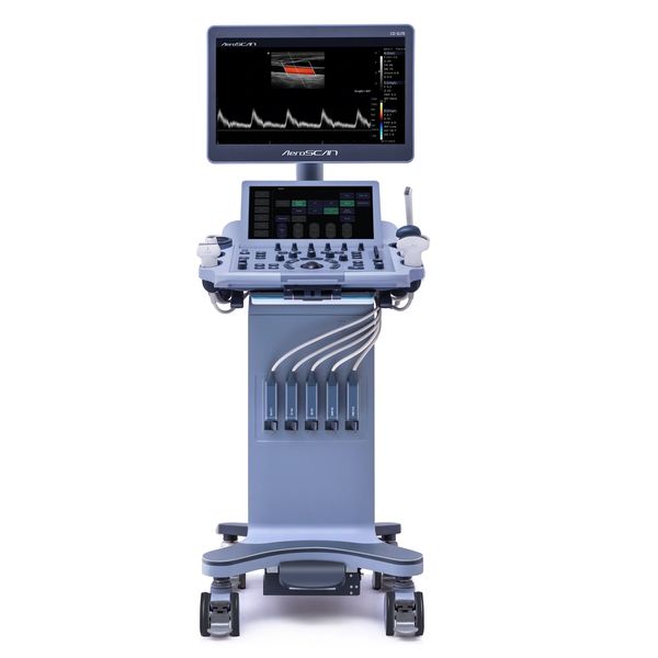 Modern AeroScan ultrasound machine with multiple probes and dual screens.