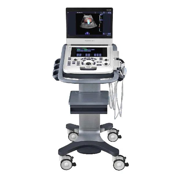 Modern ultrasound machine with display and control panel on wheels.