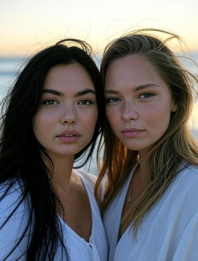 Two young women with natural makeup, standing close together at sunset.