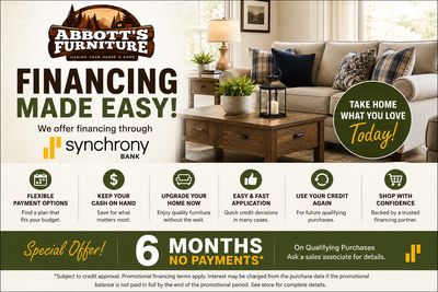 Advertisement for Abbott's Furniture financing options through Synchrony Bank with 6 months no payments.