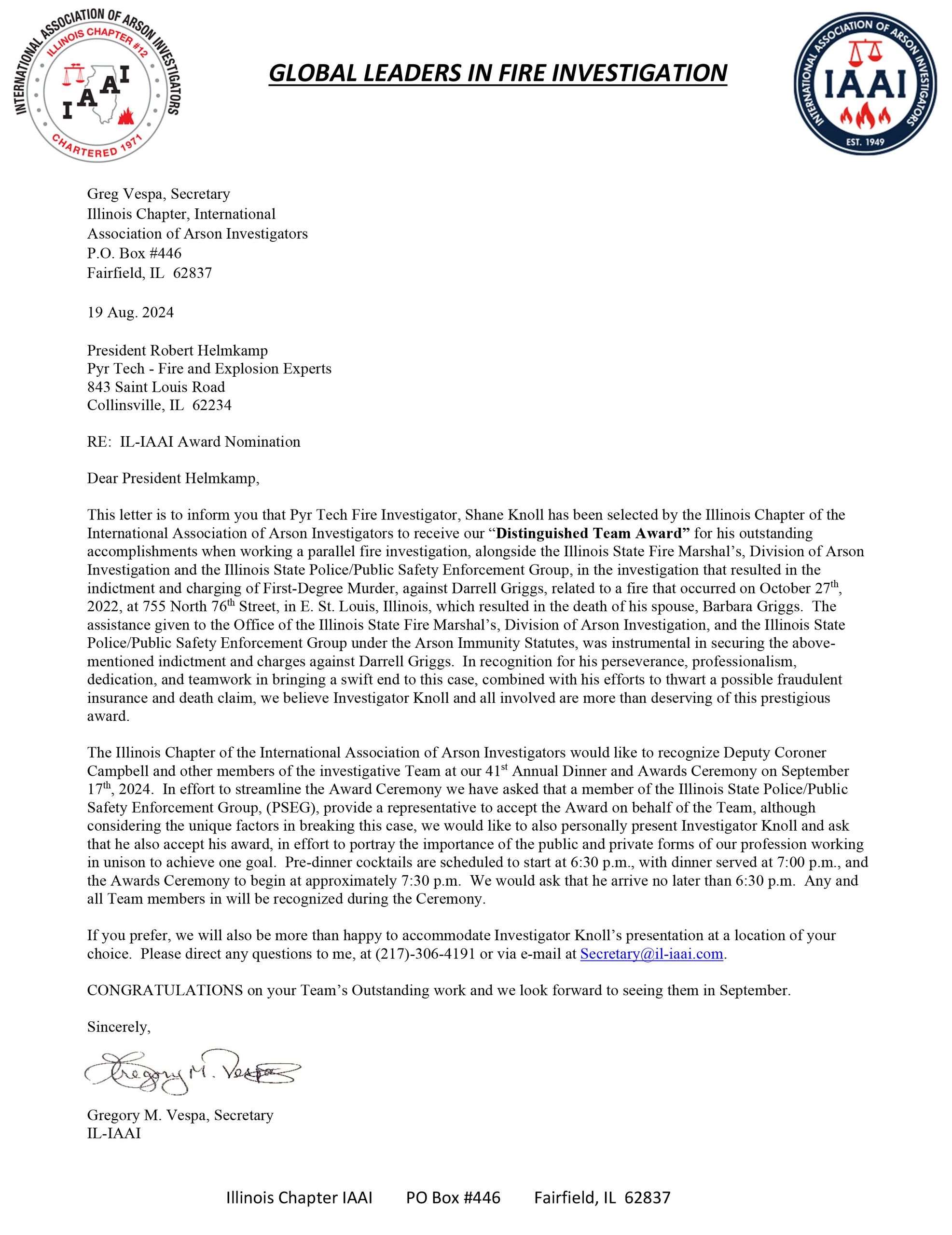 Letter from Illinois Chapter of IAAI recognizing fire investigator Shane Knoll's award.