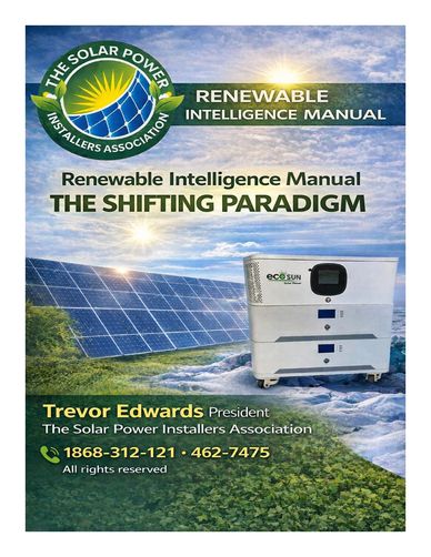 Cover of a renewable energy manual featuring solar panels and contact info for Trevor Edwards.