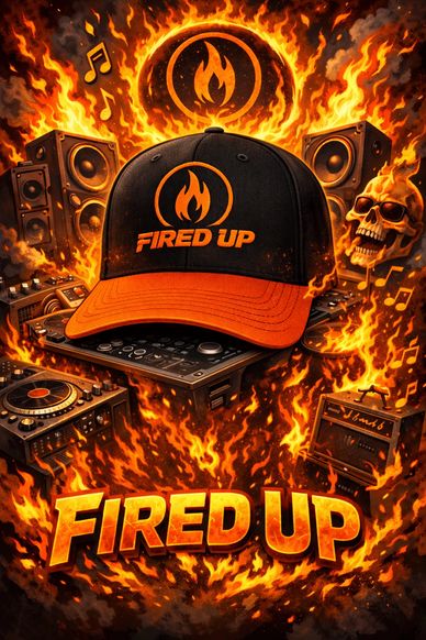 A fiery music-themed design with a 'Fired Up' cap surrounded by flames and musical elements.
