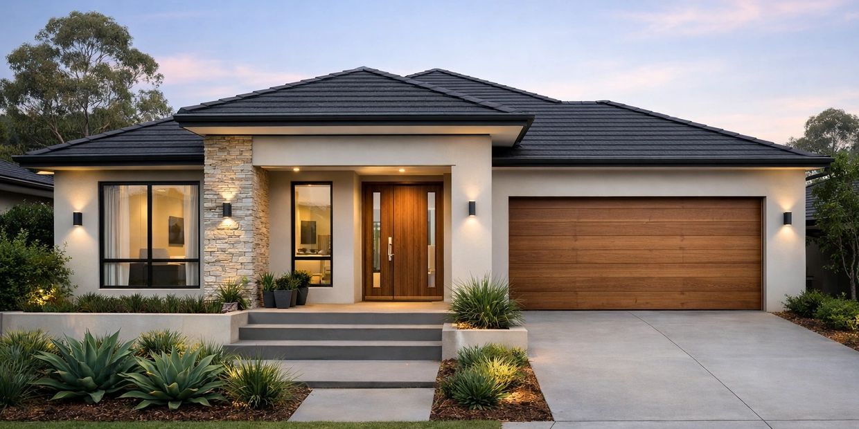 Modern single‑story home with light walls, a dark tiled roof, and matching timber doors.