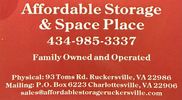 Business card for Affordable Storage &amp; Space Place with contact details.
