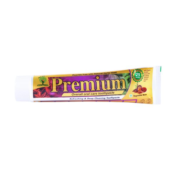 Premium herbal toothpaste tube for overall oral care.