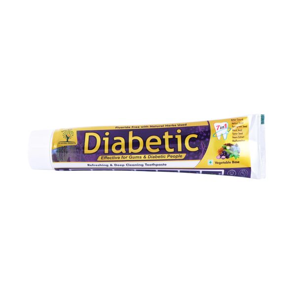 Toothpaste designed for diabetic people with natural herbs and fluoride-free formula.