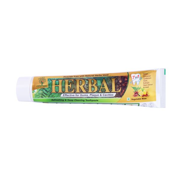 Herbal fluoride-free toothpaste with natural herbs for gum and cavity care.