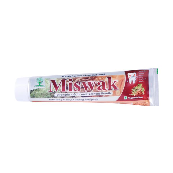 Miswak toothpaste for fresh breath and gum strength with natural herbs.