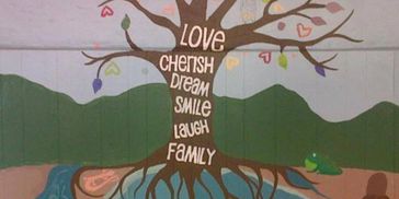 A mural of a tree with positive words and colorful hearts.
