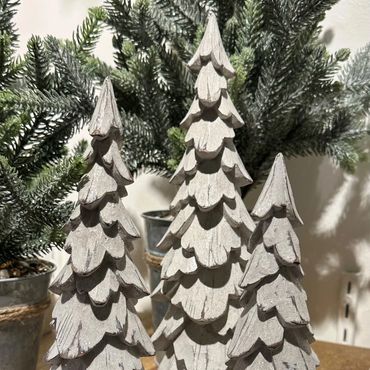Melrose 10.5" distressed white wash glittered Christmas Trees for Holiday decorating.