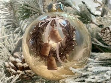 Gold Satin Farmhouse Ornament with wreath and bells