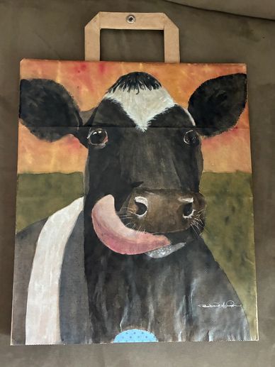 Painting of a cow licking its nose.