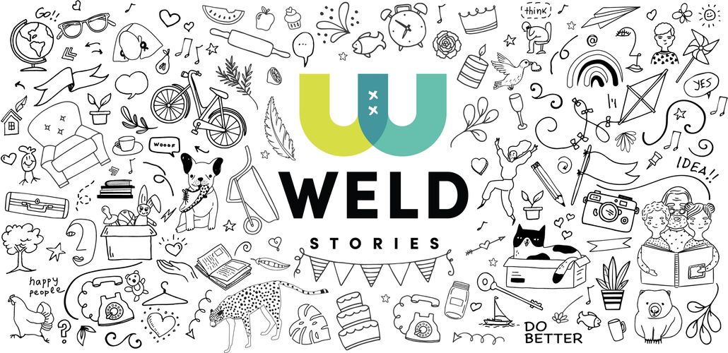 Weld Stories logo centred with black hand-drawn illustrations and text saying do better, idea, think